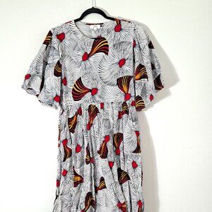 NWOT Kemi Telford Abstract Swirl Vibrant Print Midi Dress Bell Sleeve